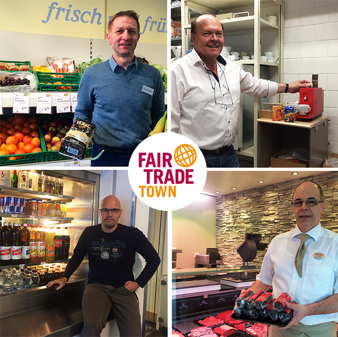 Christoph Müller, gérant du Volg, Peter Gallati, patron d'une entreprise de matériel de bureau, Marco Bücken, directeur du centre sportif et Robert Berwert, boucher et traiteur (de g. à dr. de haut en bas) proposent désormais des produits issus du commerce équitable dans leur enseigne. Un effort qui a permis à la commune de Glaris Nord de devenir la première Fair Trade Town de Suisse.