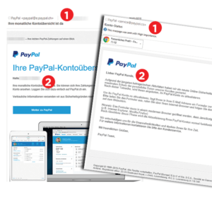 Savez-vous distinguer le vrai du faux? A gauche, un mail qui provient bien de Paypal, à droite, le message à poubelliser sans arrière-pensée. 1: E-mail de l’expéditeur 2: Formule d’appel nominative